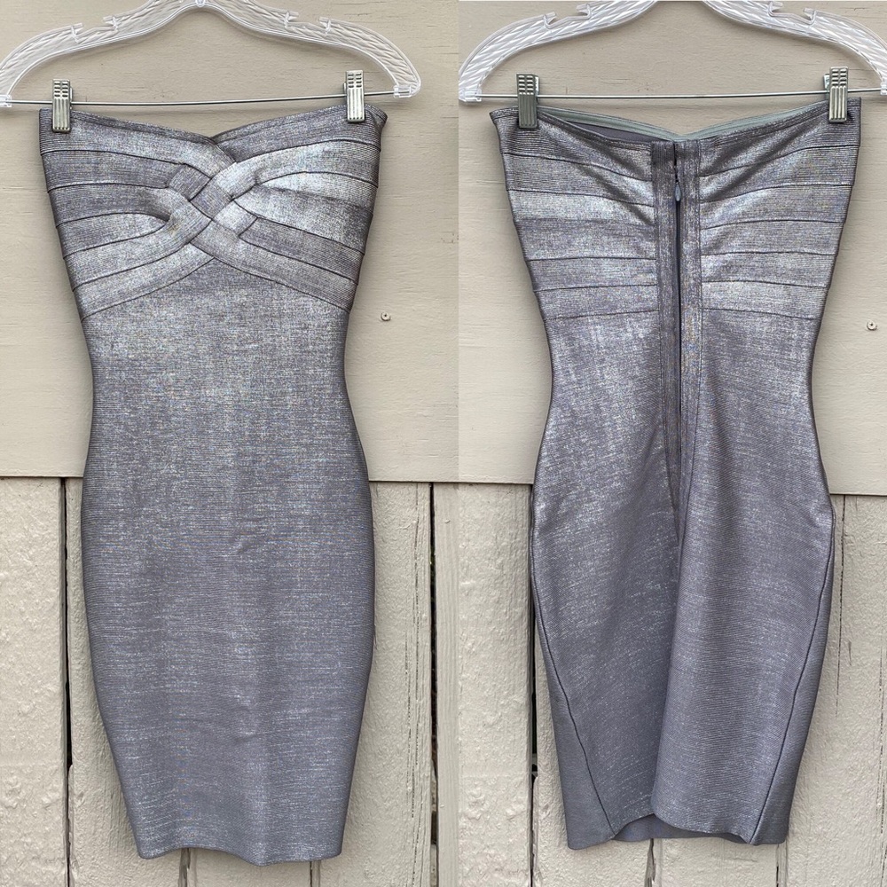 HERVE LEGER Metallic Strapless Bandage Dress